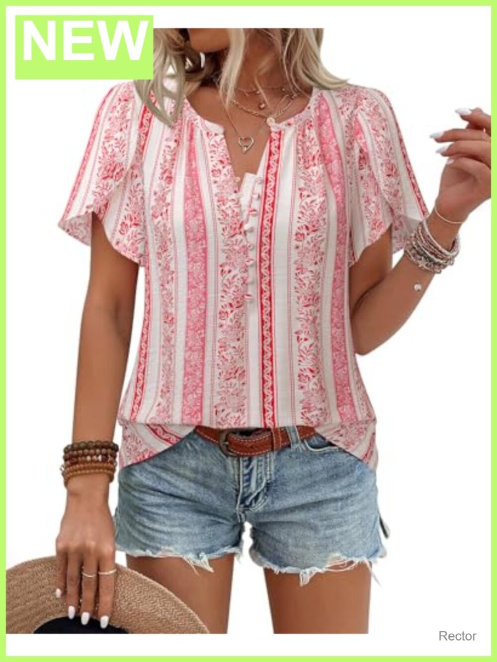 Womens Boho Button Down Blouse Petal Sleeve Floral Summer Top
